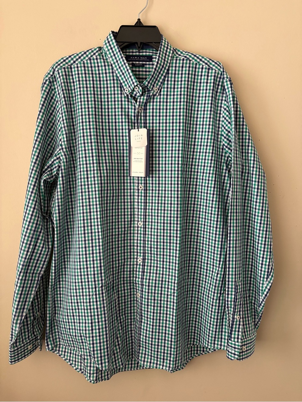 Zara Men's Green and Blue Gingham Button-Down Shirt Sz.XL New